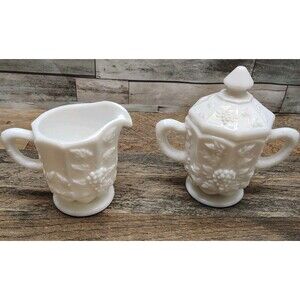 WESTMORELAND VINTAGE SUGAR BOWL & CREAMER Raised PANELED GRAPE WHITE MILK GLASS